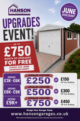Poster advertising Hanson Garages June Discount Upgrades Event with a brick garage; promises up to &pound;750 of free upgrades during June, plus upgrade vouchers of &pound;250/&pound;500/&pound;750 and corresponding off-building discounts, and the website www.hansongarages.co.uk.